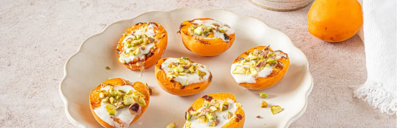 Grilled Apricots with Yogurt & Pistachios
